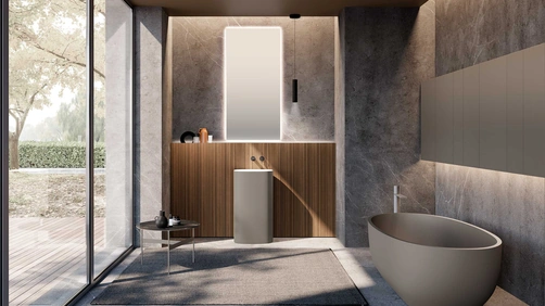 Mobile da Bagno M2 System 232 in legno impiallacciato di Eucalipto e lavabo laccato di Baxar